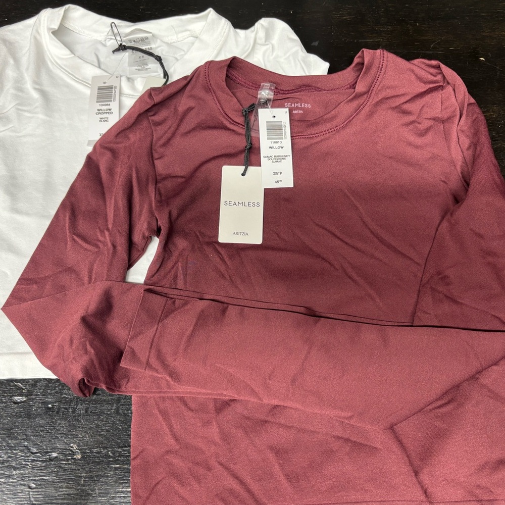 Aritzia Seamless Women's Long Sleeve Top - Maroon and Short Sleeve Crop White